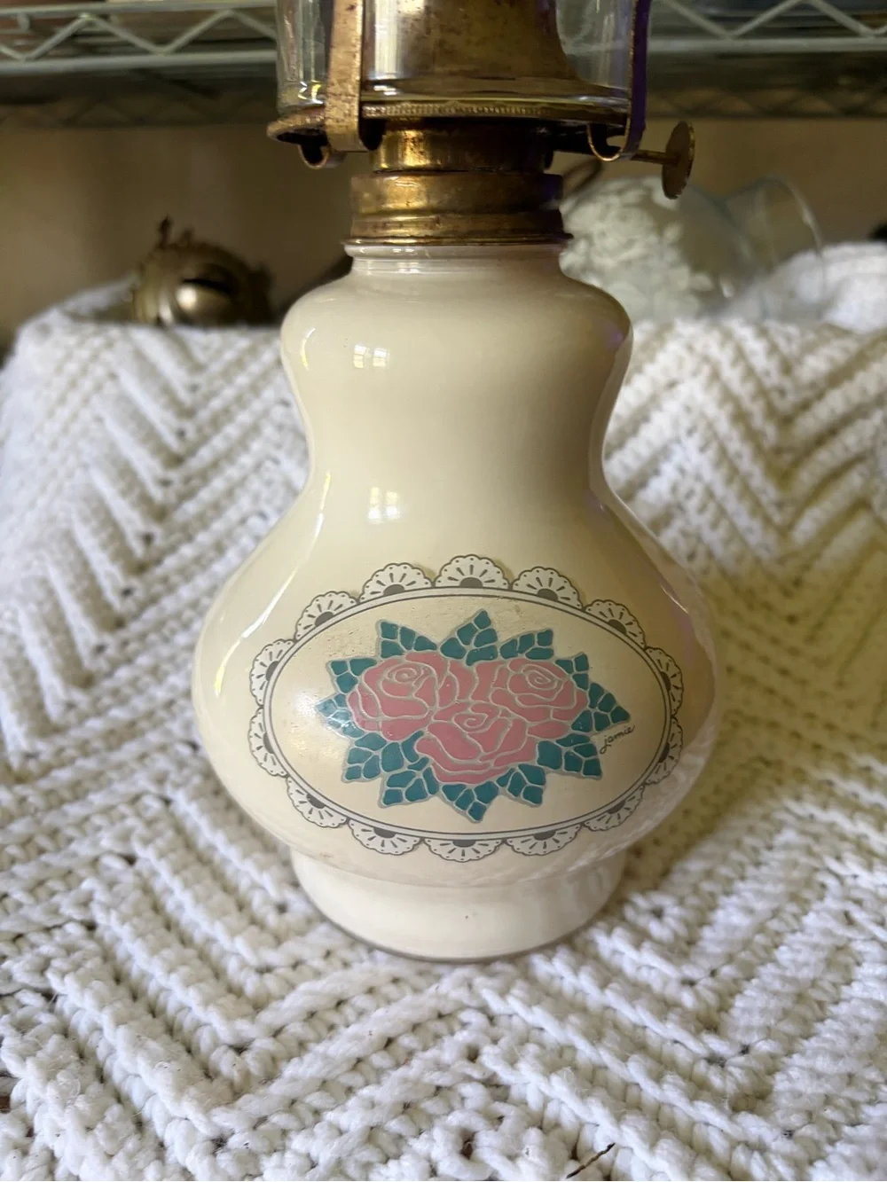 Vintage Lamplight Hurricane Lamp with Pink Rose Motif